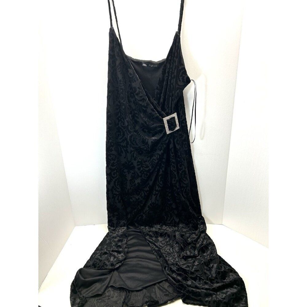Zara Velvet Feel Printed Asymmetrical Dress with Side Buckle Size Large - Picture 3 of 16